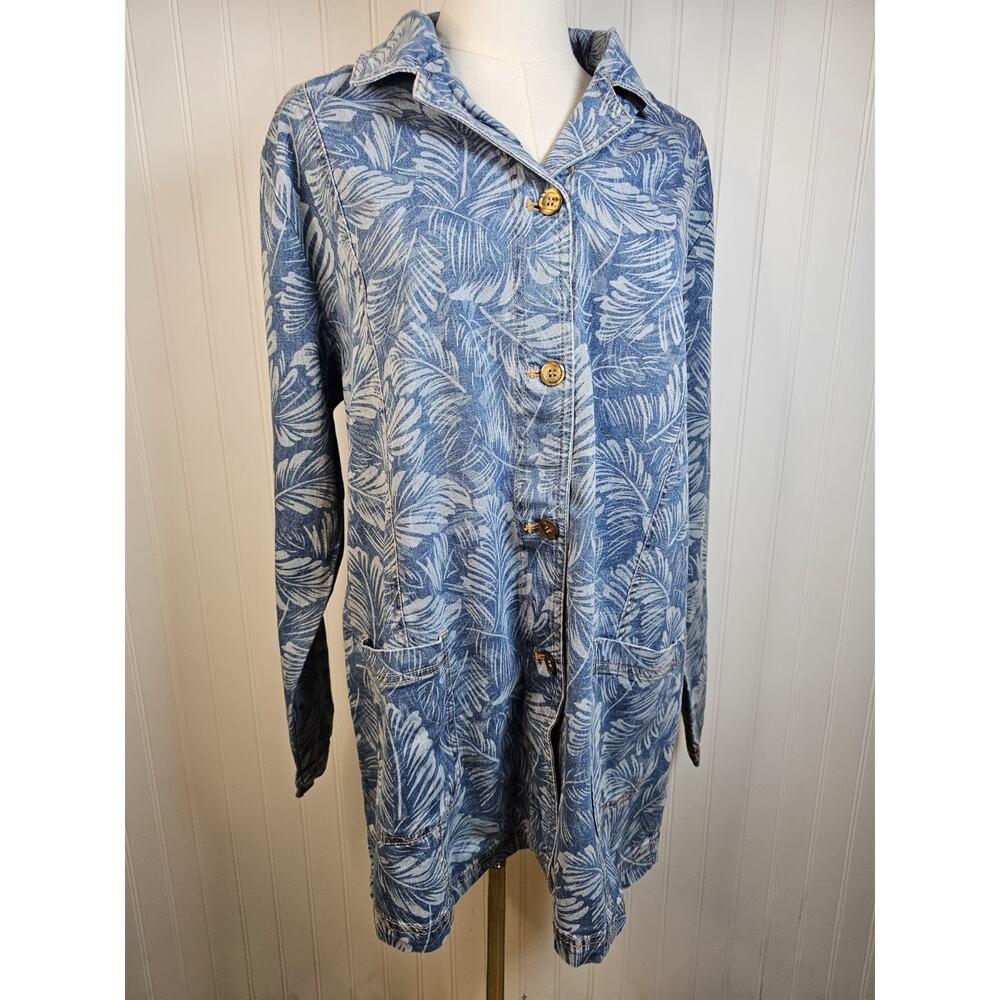 Denim & Co Tropical Floral Soft Denim Jean Chore Jacket Blazer Women's Size L